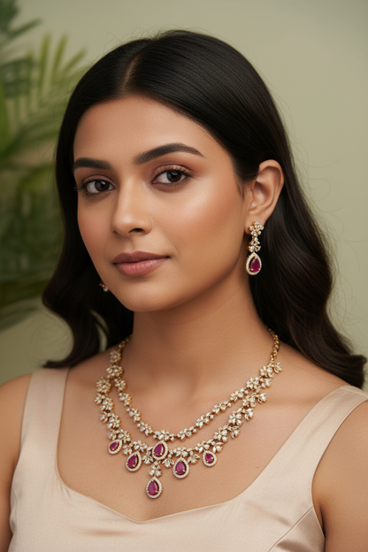 Trendy Double layered AD Necklace with Earrings 🔥