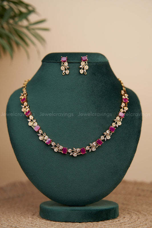 Multicut AD Floral Stone Necklace with Earrings