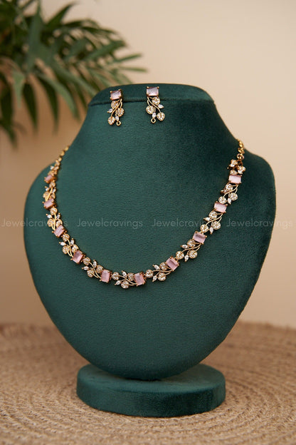 Multicut AD Floral Stone Necklace with Earrings