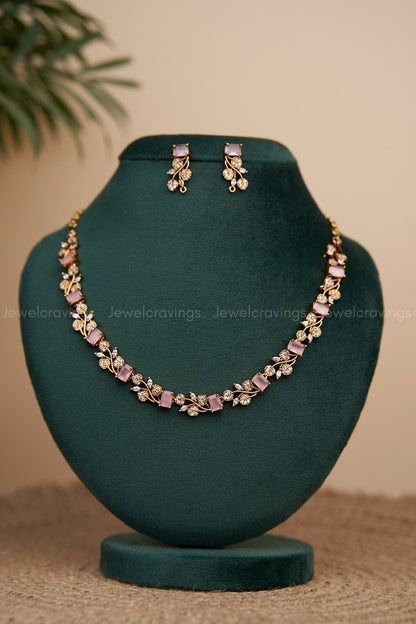 Multicut AD Floral Stone Necklace with Earrings