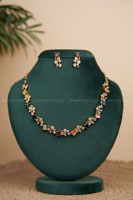 Multicut AD Floral Stone Necklace with Earrings