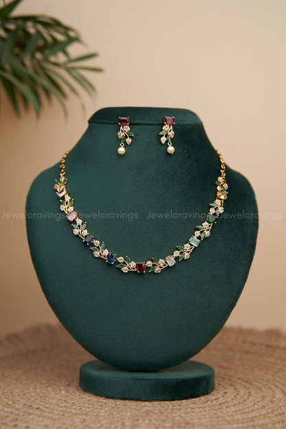 Multicut AD Floral Stone Necklace with Earrings