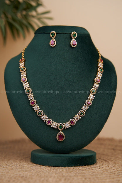 Ruby Emerald Long Necklace with Earrings