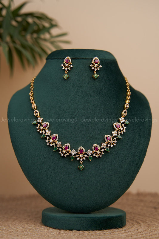 Ruby Emerald Floral AD Necklace with Earrings