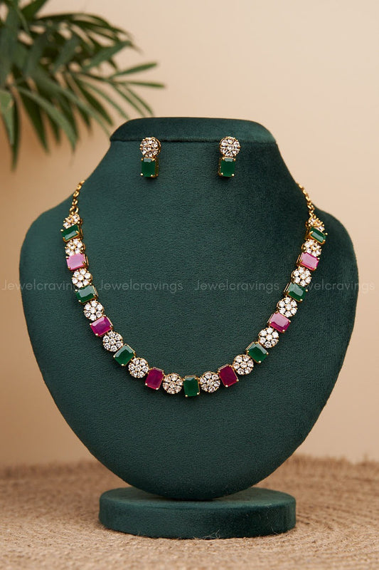 Red Green Multicut Stone Necklace with Earrings