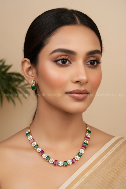 Red Green Multicut Stone Necklace with Earrings