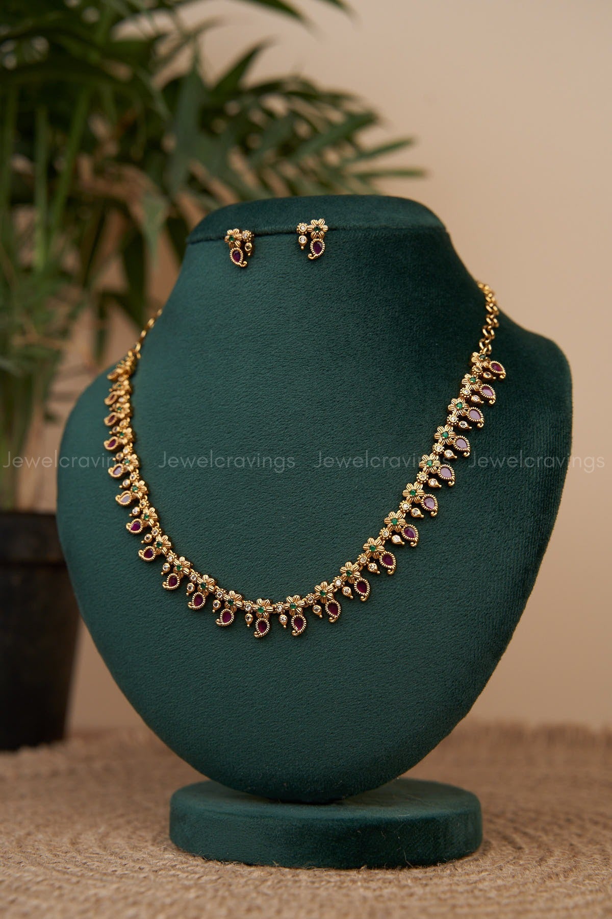 Floral Ruby Emerald Mango Necklace with Earrings