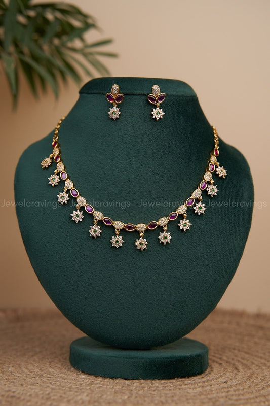 CZ Ruby Emerald-Star Necklace with Earrings