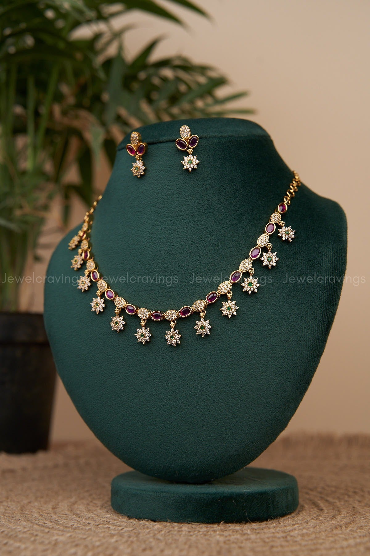 CZ Ruby Emerald-Star Necklace with Earrings