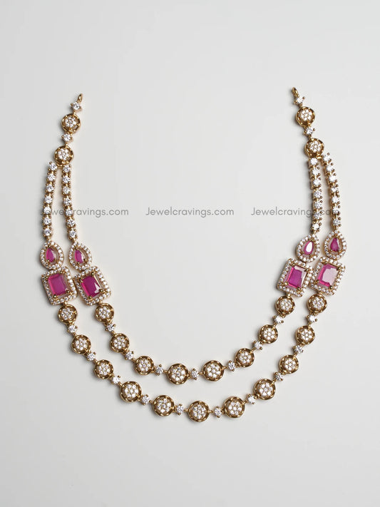 Two Layer Stone Studded AD Necklace with Earrings