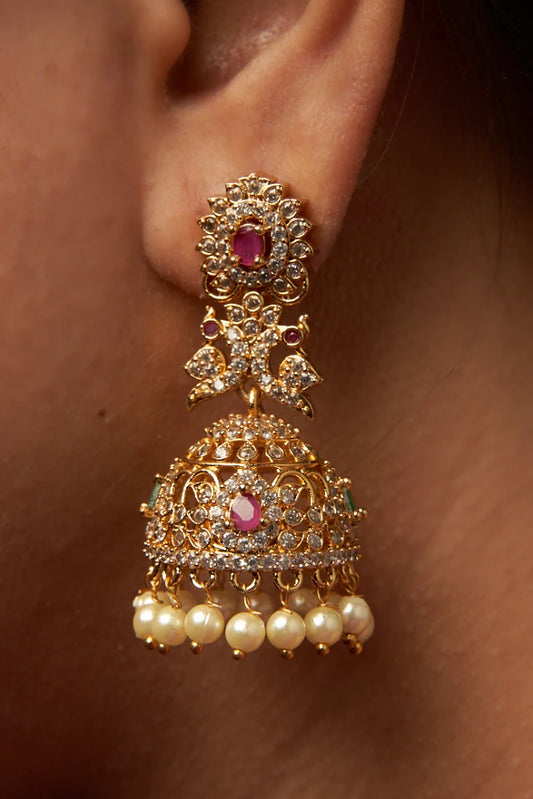 Twin Peacock Grand Pearl Hanging Jhumka
