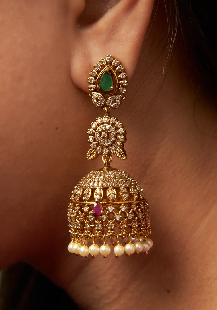 Long Grand Bridal Stone Studded Jhumka
