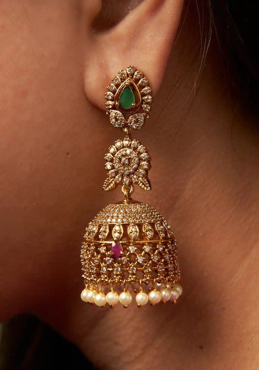 Long Grand Bridal Stone Studded Jhumka