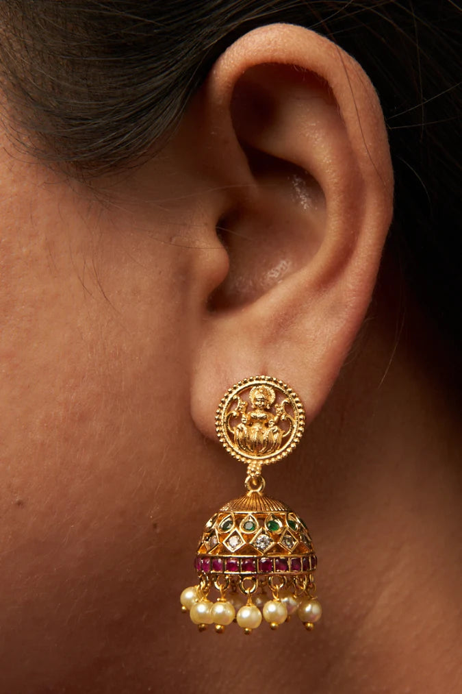 Lakshmi Goddess Coin Small Pearl Hanging Jhumka