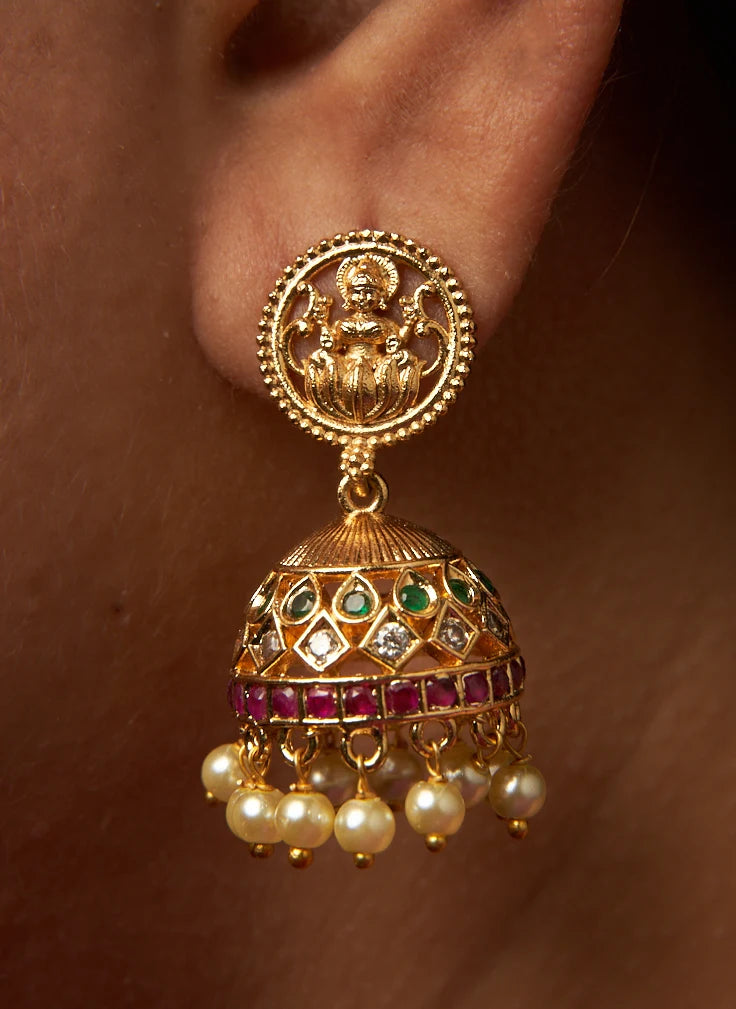 Lakshmi Goddess Coin Small Pearl Hanging Jhumka