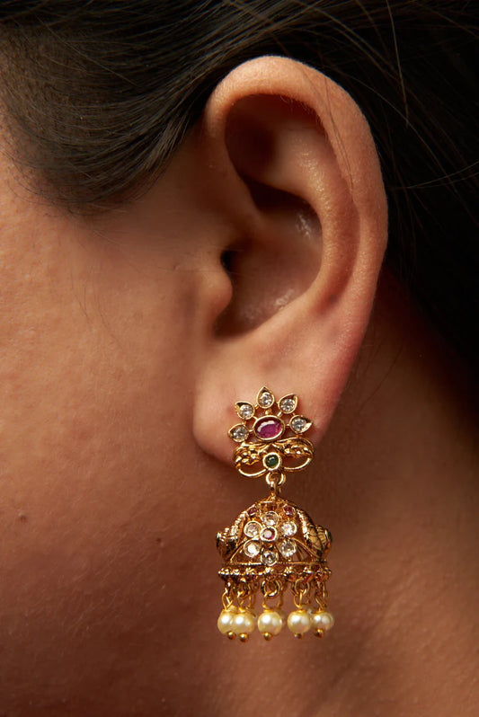 Rising Sun Stone Studded Small Pearl Hanging Jhumka