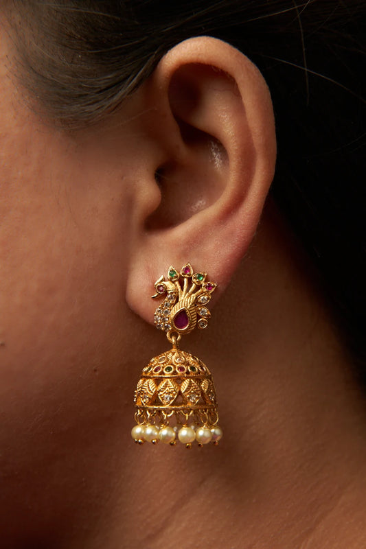 Peacock Stone Studded Pearl Hanging Jhumka