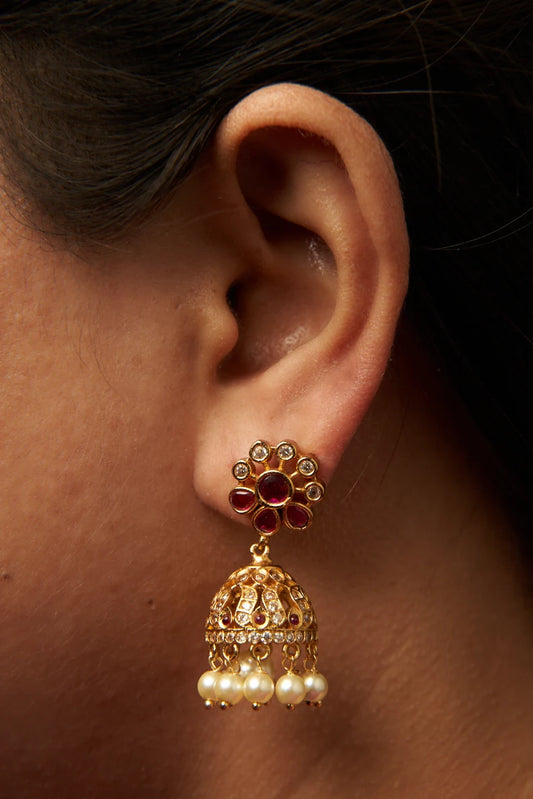 Stone Leaf Pearl Hanging Jhumka