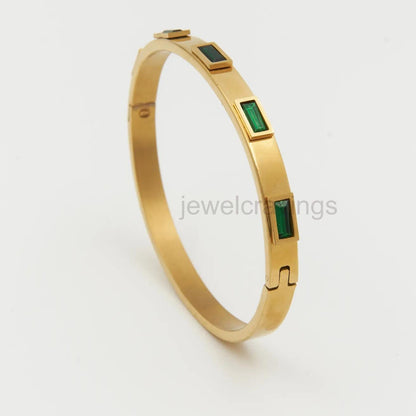 18K Gold Plated Emerald Radiance Kada – Bright Green Stone Bracelet with Lock Clasp for Women