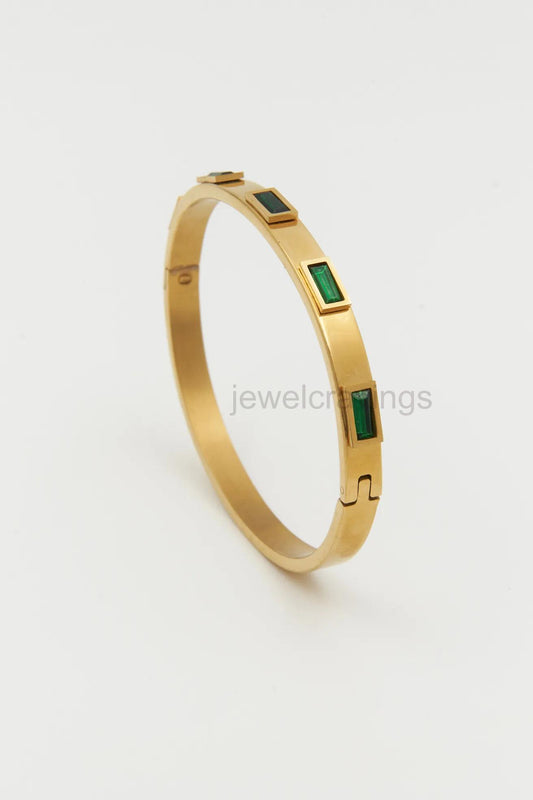 18K Gold Plated Emerald Radiance Kada – Bright Green Stone Bracelet with Lock Clasp for Women
