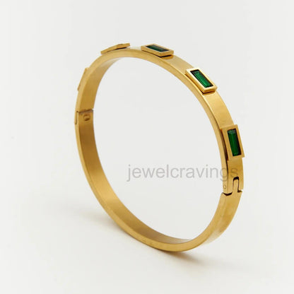 18K Gold Plated Emerald Radiance Kada – Bright Green Stone Bracelet with Lock Clasp for Women