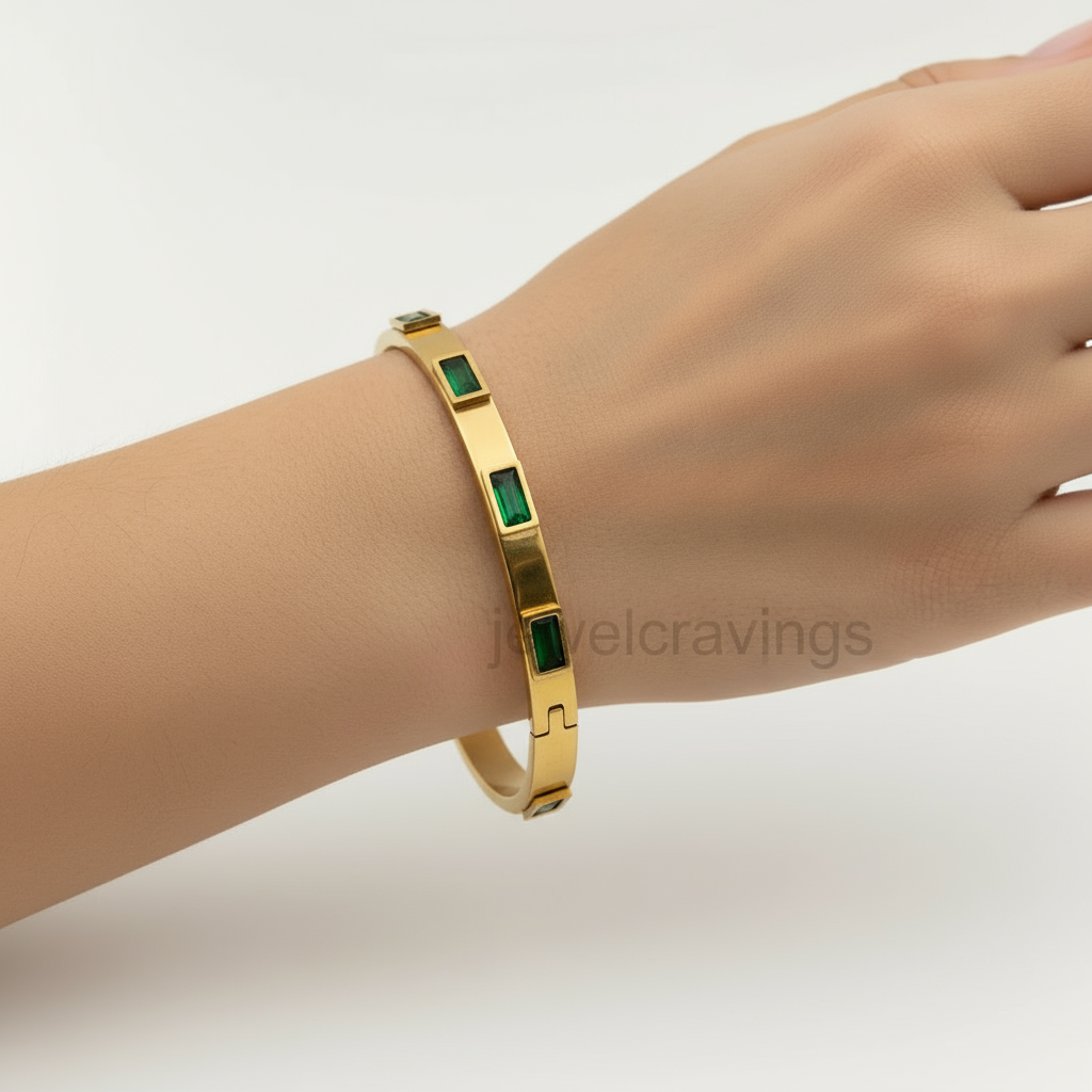 18K Gold Plated Emerald Radiance Kada – Bright Green Stone Bracelet with Lock Clasp for Women