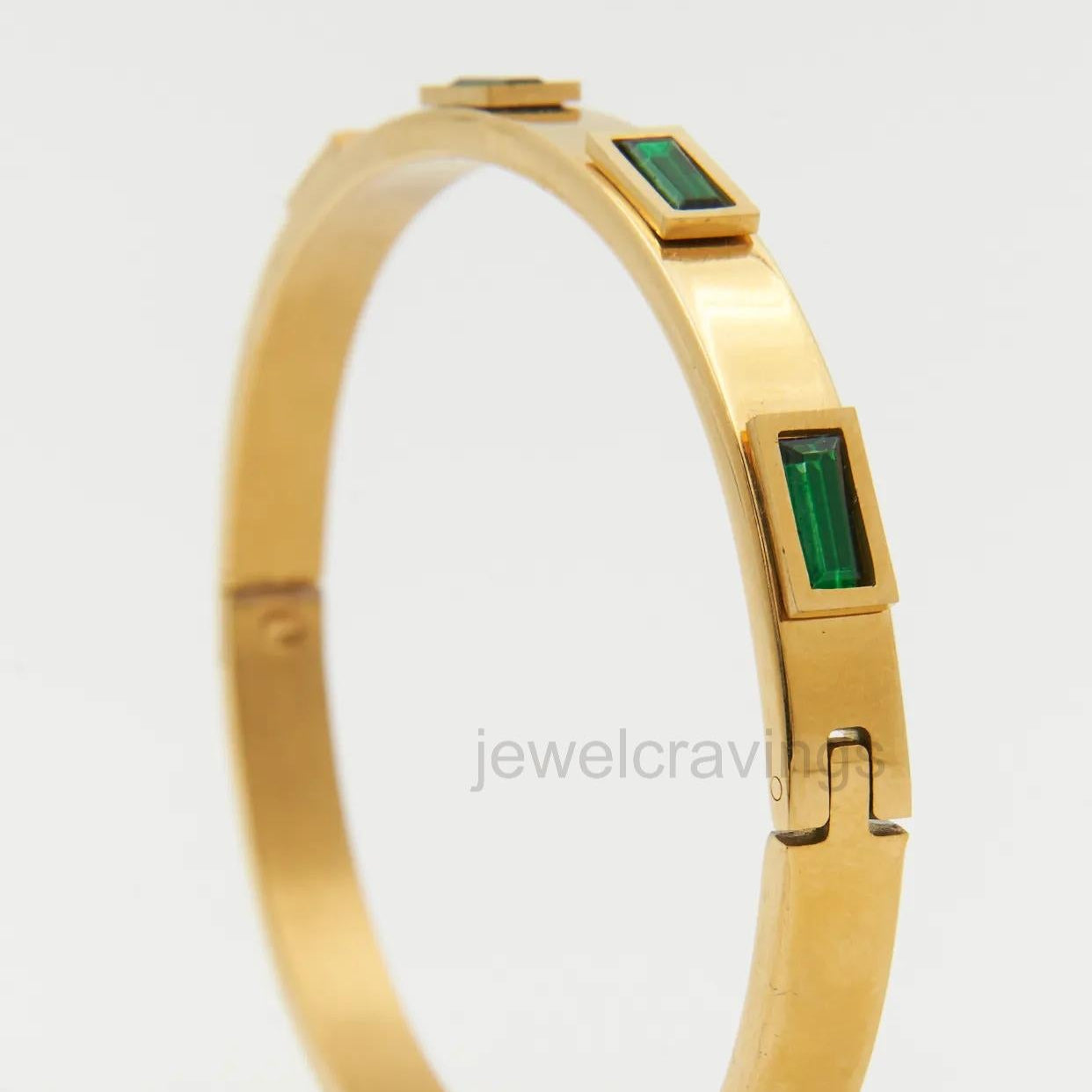 18K Gold Plated Emerald Radiance Kada – Bright Green Stone Bracelet with Lock Clasp for Women