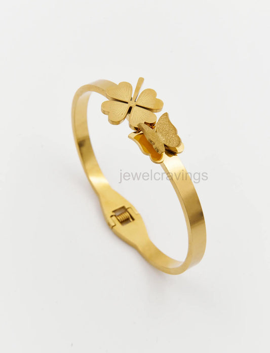 18K Gold Plated Clover & Butterfly Open Kada – Thick Finish Bracelet for Women