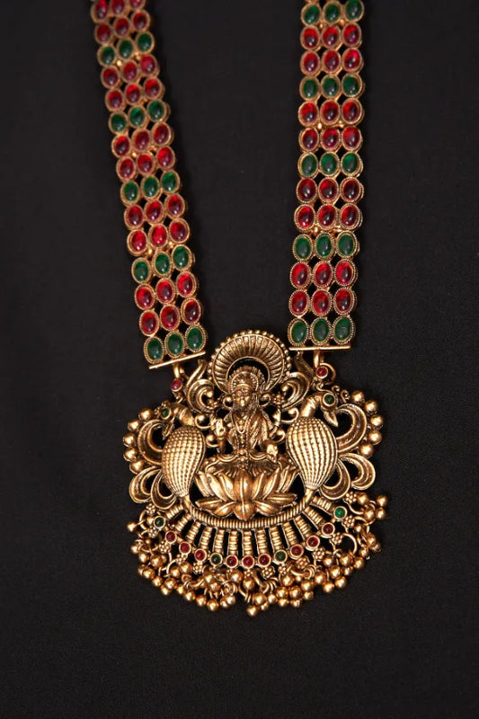 Antique Traditional Big Lakshmi Red Green Stone Haram Set
