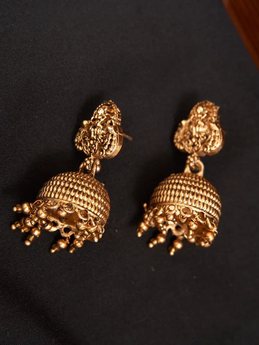 Gold Jumkas Antique Lakshmi with Golden Beads